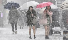 日本东京大雪交通混乱 高中女生光腿短裙雪中行