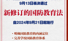 国防教育法完成修订 将于9月21日起施行